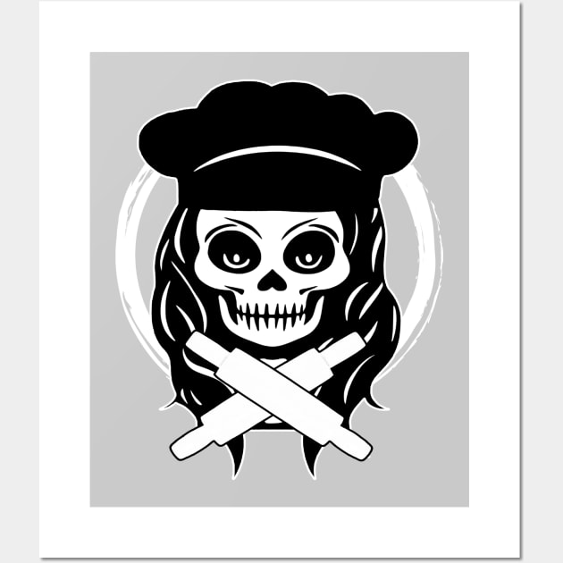 Female Baker Skull and Rolling Pins White Logo Wall Art by Nuletto